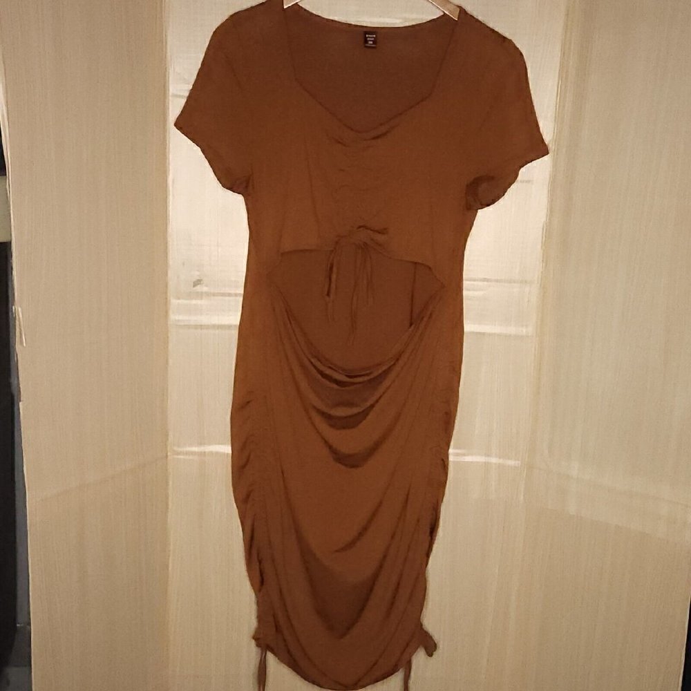 Shein Curve Womens Brown Silky Midi Dress Front Cutout 2XL